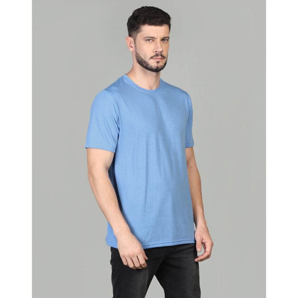 Generic Men's Casual Half Sleeve Solid Cotton Blended Round Neck T-shirt (Sky) - MYLUXURY LANE ENTERPRISE