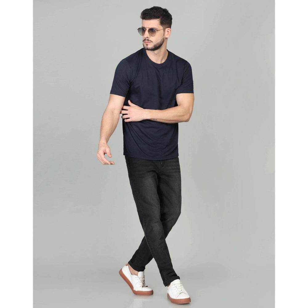 Generic Men's Casual Half Sleeve Solid Cotton Blended Round Neck T-shirt (Dark Blue) - MYLUXURY LANE ENTERPRISE