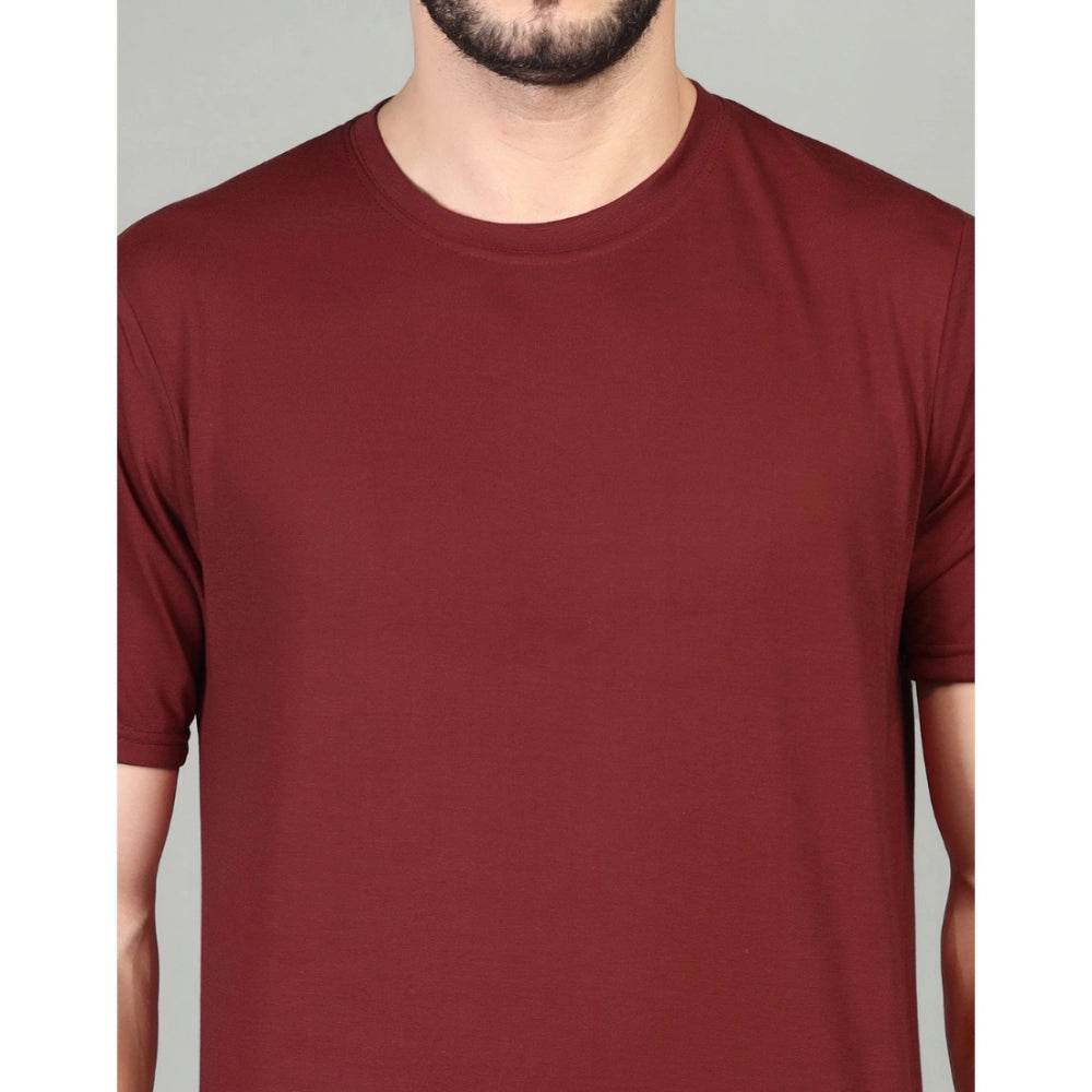 Generic Men's Casual Half Sleeve Solid Cotton Blended Round Neck T-shirt (Maroon) - MYLUXURY LANE ENTERPRISE