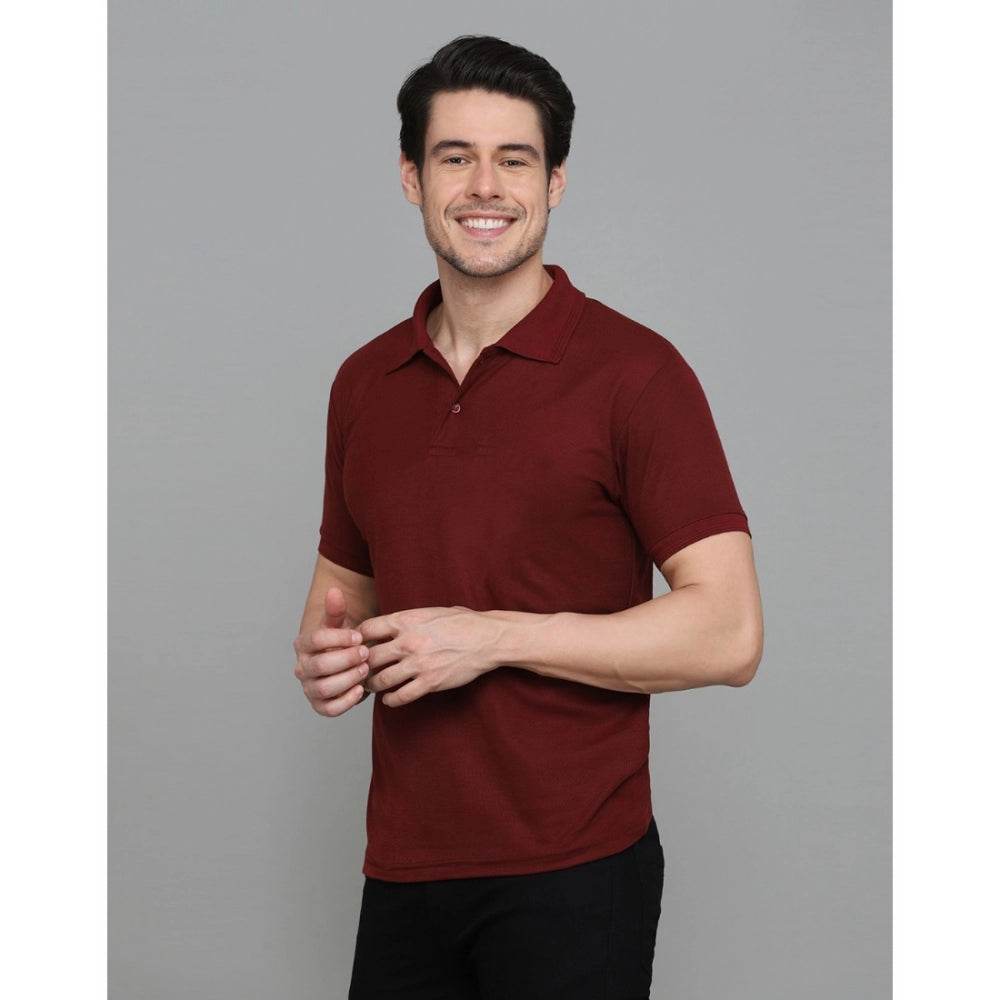 Generic Men's Casual Half Sleeve Solid Cotton Blended Polo Neck T-shirt (Maroon) - MYLUXURY LANE ENTERPRISE