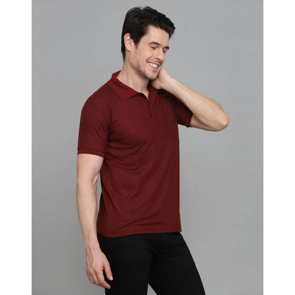 Generic Men's Casual Half Sleeve Solid Cotton Blended Polo Neck T-shirt (Maroon) - MYLUXURY LANE ENTERPRISE