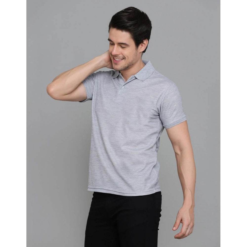 Generic Men's Casual Half Sleeve Solid Cotton Blended Polo Neck T-shirt (Grey) - MYLUXURY LANE ENTERPRISE