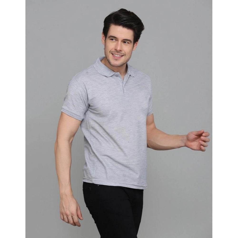 Generic Men's Casual Half Sleeve Solid Cotton Blended Polo Neck T-shirt (Grey) - MYLUXURY LANE ENTERPRISE