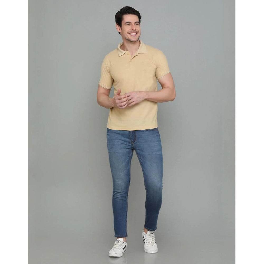 Generic Men's Casual Half Sleeve Solid Cotton Blended Polo Neck T-shirt (Beige) - MYLUXURY LANE ENTERPRISE