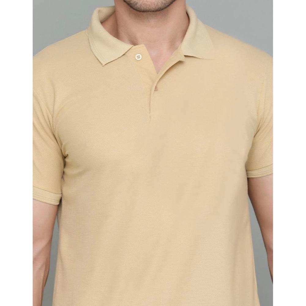 Generic Men's Casual Half Sleeve Solid Cotton Blended Polo Neck T-shirt (Beige) - MYLUXURY LANE ENTERPRISE