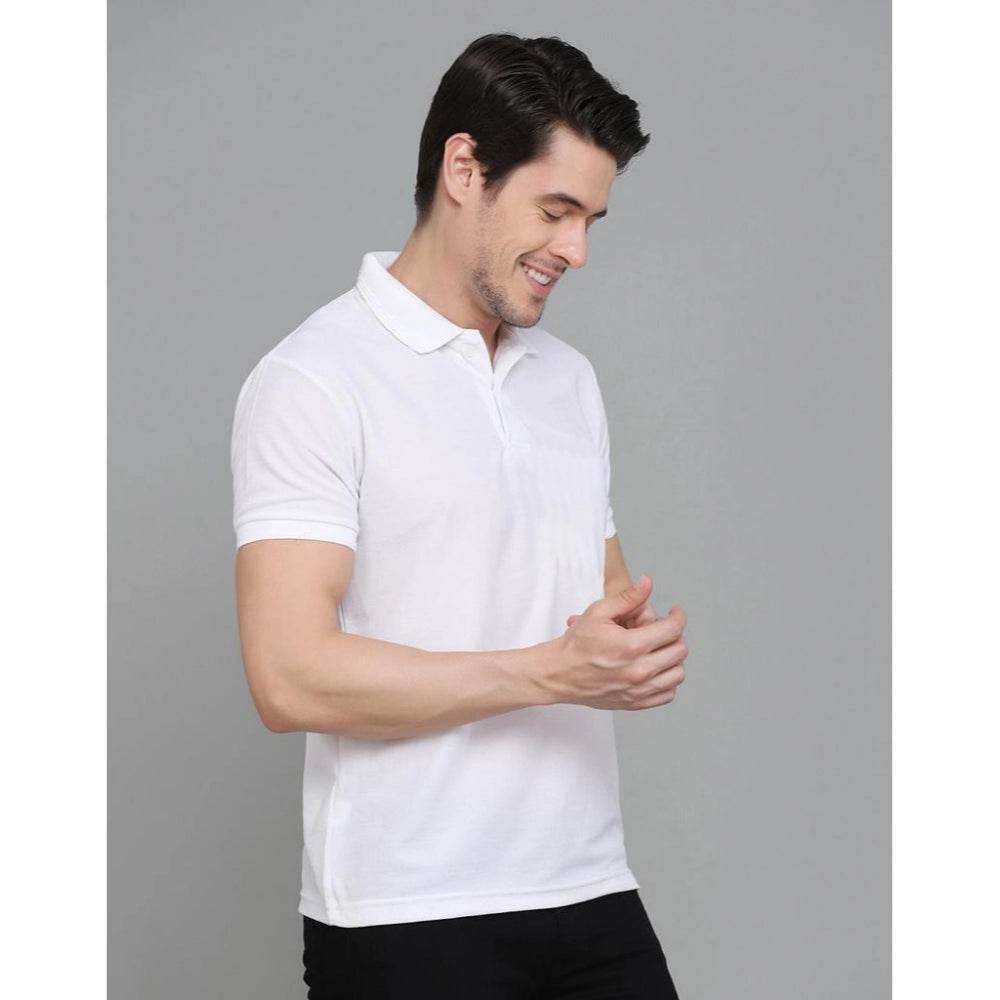 Generic Men's Casual Half Sleeve Solid Cotton Blended Polo Neck T-shirt (White) - MYLUXURY LANE ENTERPRISE