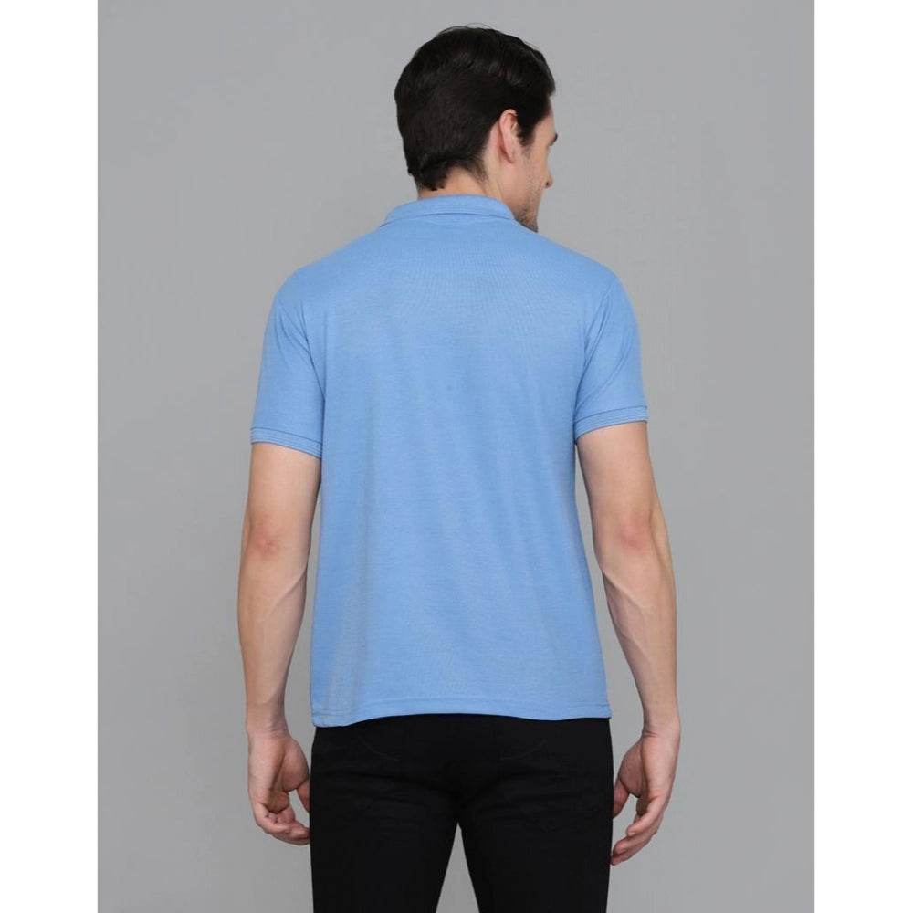 Generic Men's Casual Half Sleeve Solid Cotton Blended Polo Neck T-shirt (Blue) - MYLUXURY LANE ENTERPRISE