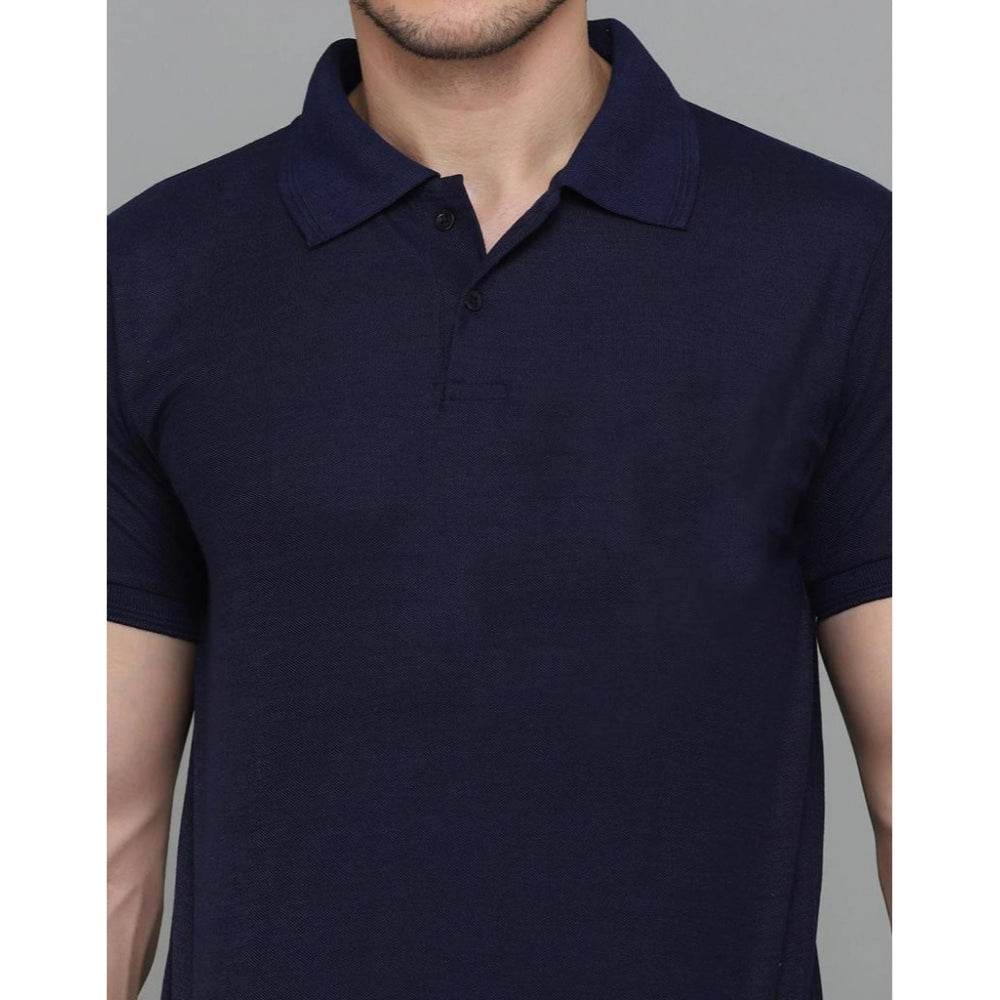 Generic Men's Casual Half Sleeve Solid Cotton Blended Polo Neck T-shirt (Navy Blue) - MYLUXURY LANE ENTERPRISE