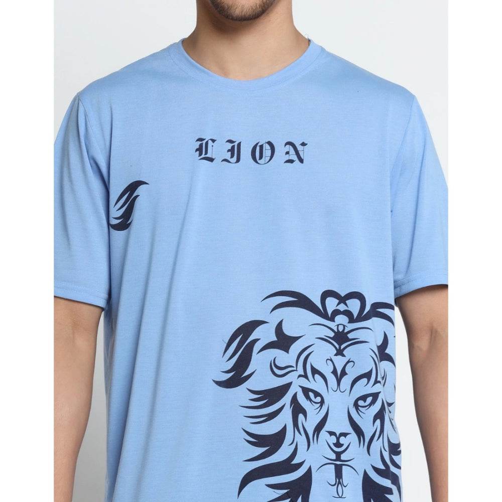 Generic Men's Casual Half Sleeve Printed Cotton Blended Round Neck T-shirt (Sky) - MYLUXURY LANE ENTERPRISE
