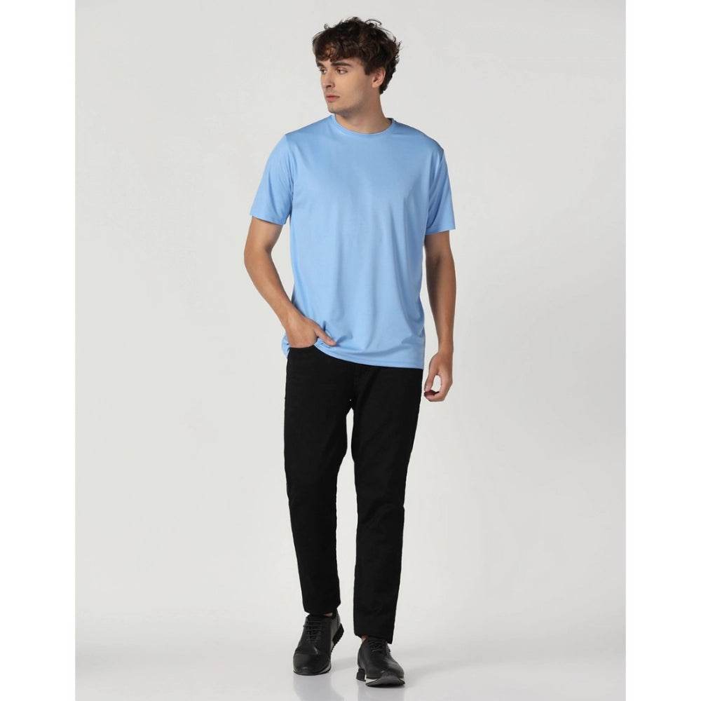 Generic Men's Casual Half Sleeve Solid Polyester Round Neck T-shirt (Sky) - MYLUXURY LANE ENTERPRISE