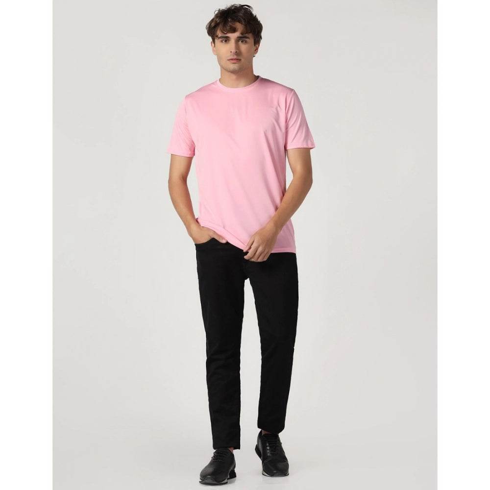 Generic Men's Casual Half Sleeve Solid Polyester Round Neck T-shirt (Pink) - MYLUXURY LANE ENTERPRISE
