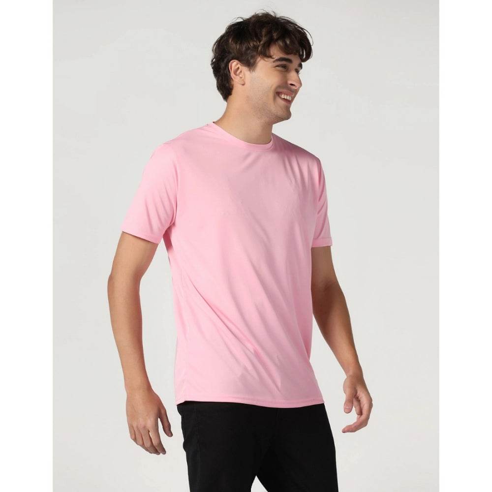 Generic Men's Casual Half Sleeve Solid Polyester Round Neck T-shirt (Pink) - MYLUXURY LANE ENTERPRISE