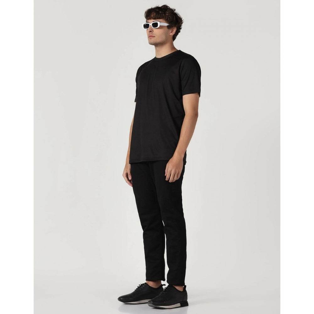 Generic Men's Casual Half Sleeve Solid Polyester Round Neck T-shirt (Black) - MYLUXURY LANE ENTERPRISE