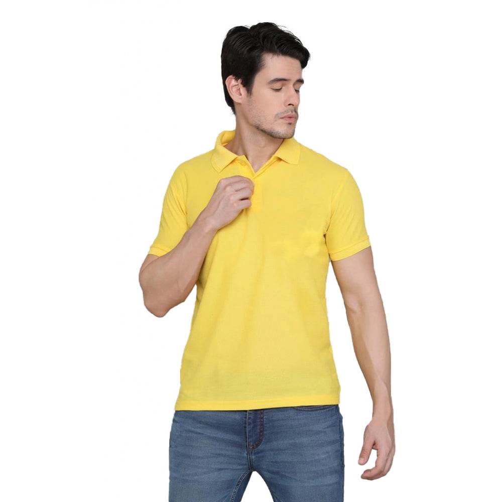 Generic Men's Casual Half Sleeve Solid Cotton Blended Polo Neck T-shirt (Yellow) - MYLUXURY LANE ENTERPRISE
