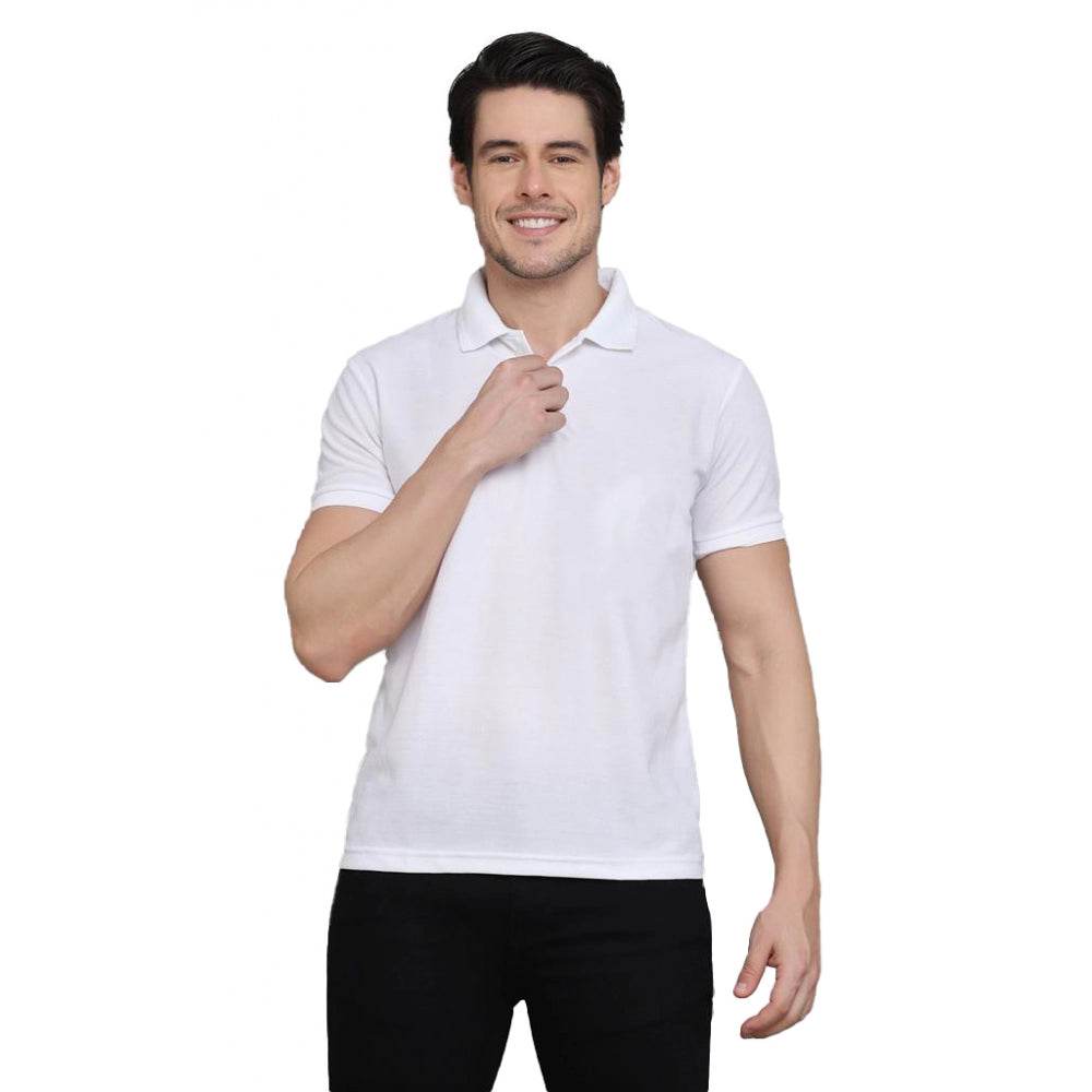 Generic Men's Casual Half Sleeve Solid Cotton Blended Polo Neck T-shirt (White) - MYLUXURY LANE ENTERPRISE