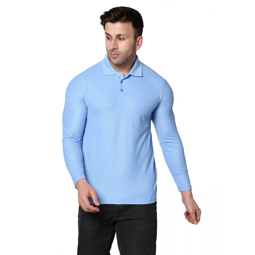 Generic Men's Casual Full Sleeve Solid Cotton Blended Polo Neck T-shirt (Sky) - MYLUXURY LANE ENTERPRISE