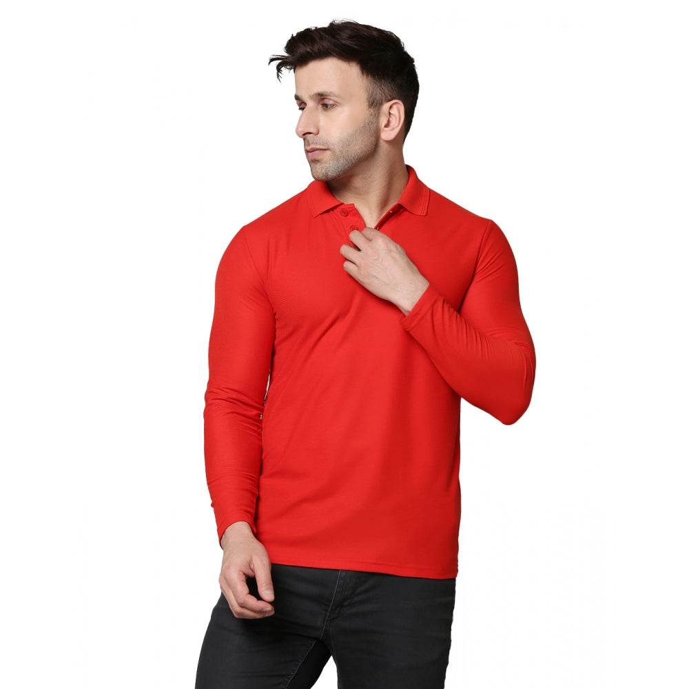 Generic Men's Casual Full Sleeve Solid Cotton Blended Polo Neck T-shirt (Red) - MYLUXURY LANE ENTERPRISE