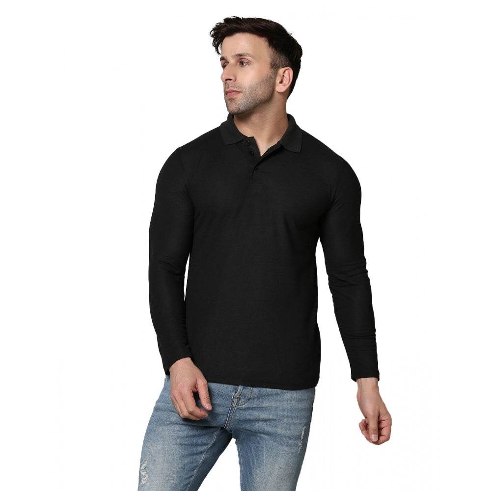 Generic Men's Casual Full Sleeve Solid Cotton Blended Polo Neck T-shirt (Black) - MYLUXURY LANE ENTERPRISE