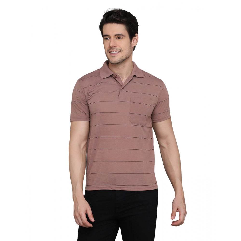 Generic Men's Casual Half Sleeve Striped Cotton Blended Polo Neck T-shirt (Pink) - MYLUXURY LANE ENTERPRISE