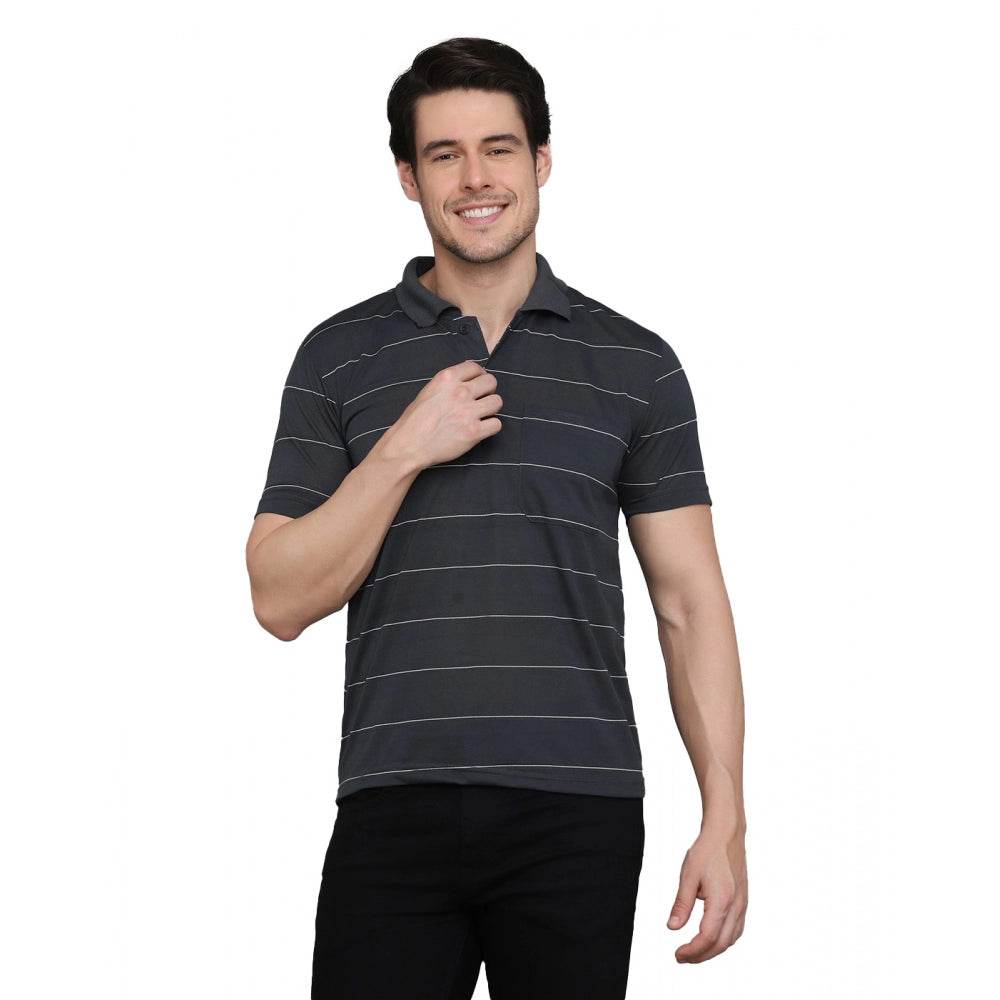 Generic Men's Casual Half Sleeve Striped Cotton Blended Polo Neck T-shirt (Grey) - MYLUXURY LANE ENTERPRISE