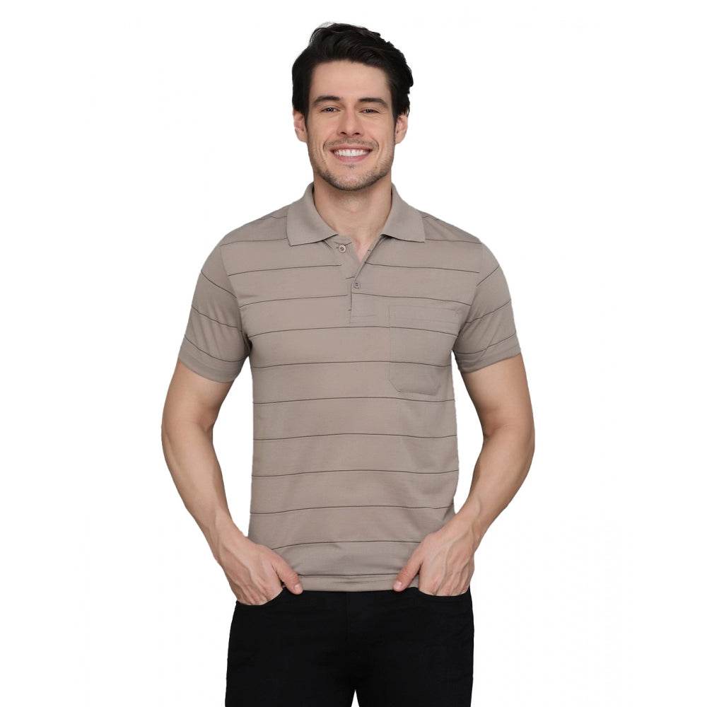 Generic Men's Casual Half Sleeve Striped Cotton Blended Polo Neck T-shirt (Beige) - MYLUXURY LANE ENTERPRISE
