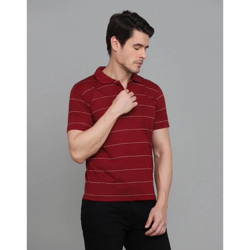 Generic Men's Casual Half Sleeve Striped Cotton Blended Polo Neck T-shirt (Maroon) - MYLUXURY LANE ENTERPRISE