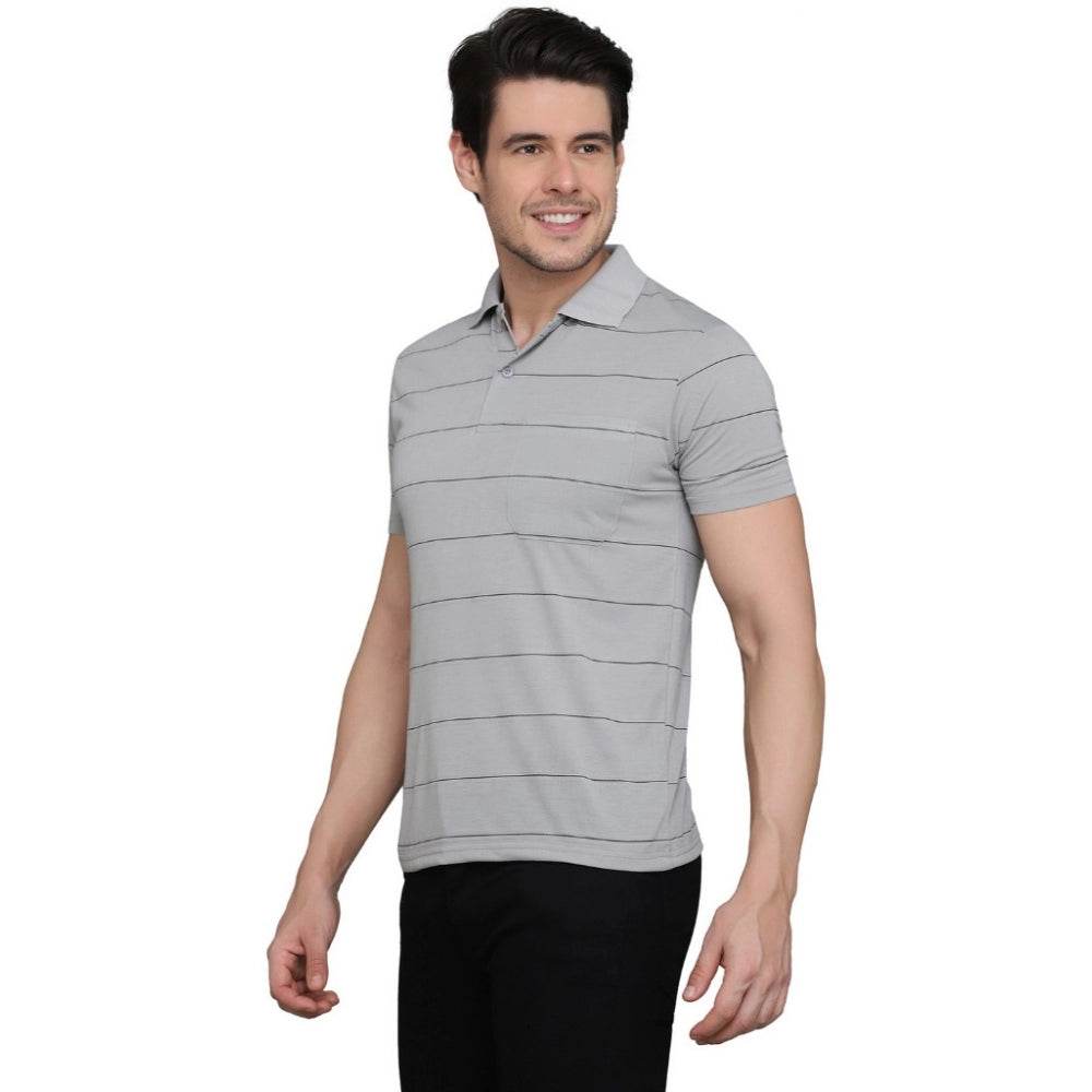 Generic Men's Casual Half Sleeve Striped Cotton Blended Polo Neck T-shirt (L.Grey) - MYLUXURY LANE ENTERPRISE