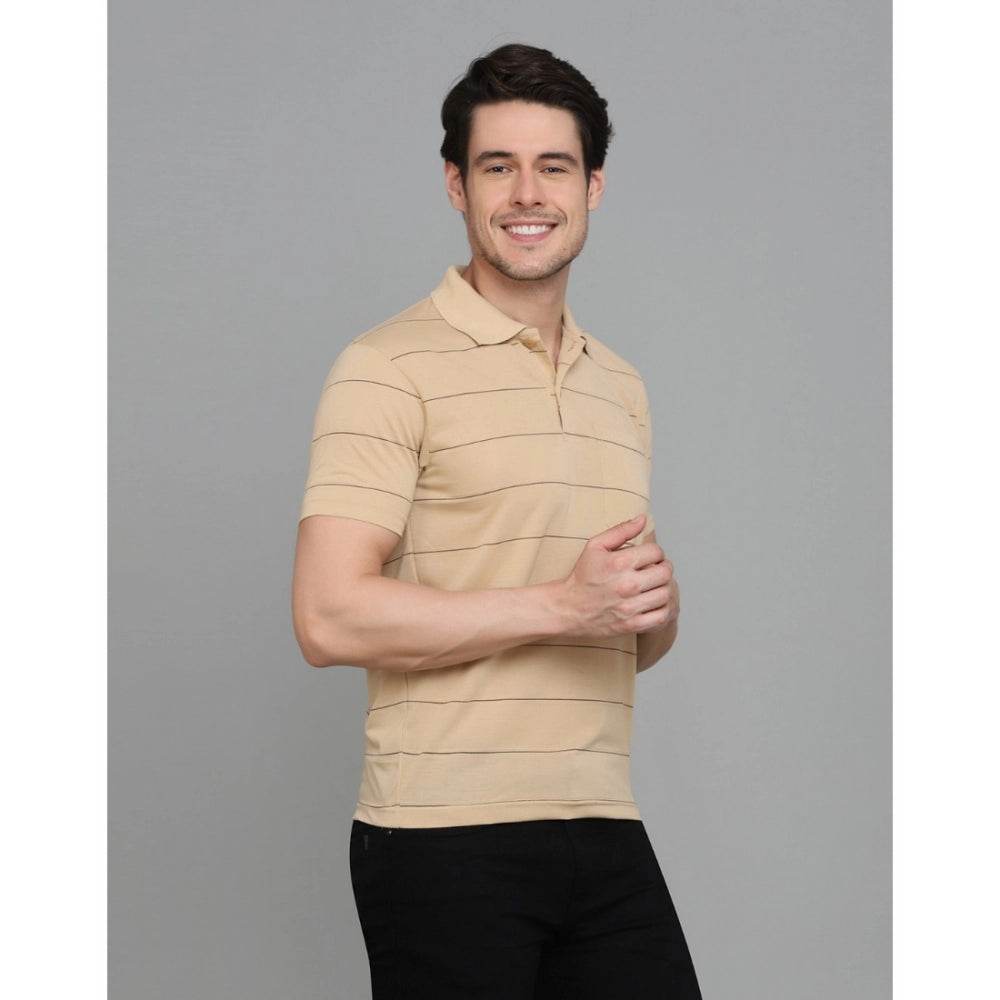 Generic Men's Casual Half Sleeve Striped Cotton Blended Polo Neck T-shirt (L.Beige) - MYLUXURY LANE ENTERPRISE