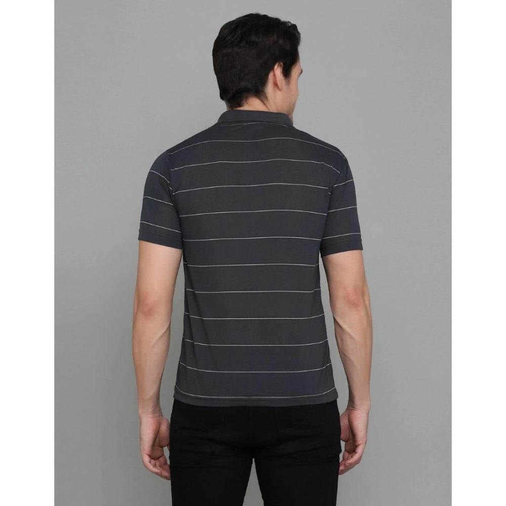 Generic Men's Casual Half Sleeve Striped Cotton Blended Polo Neck T-shirt (Grey) - MYLUXURY LANE ENTERPRISE