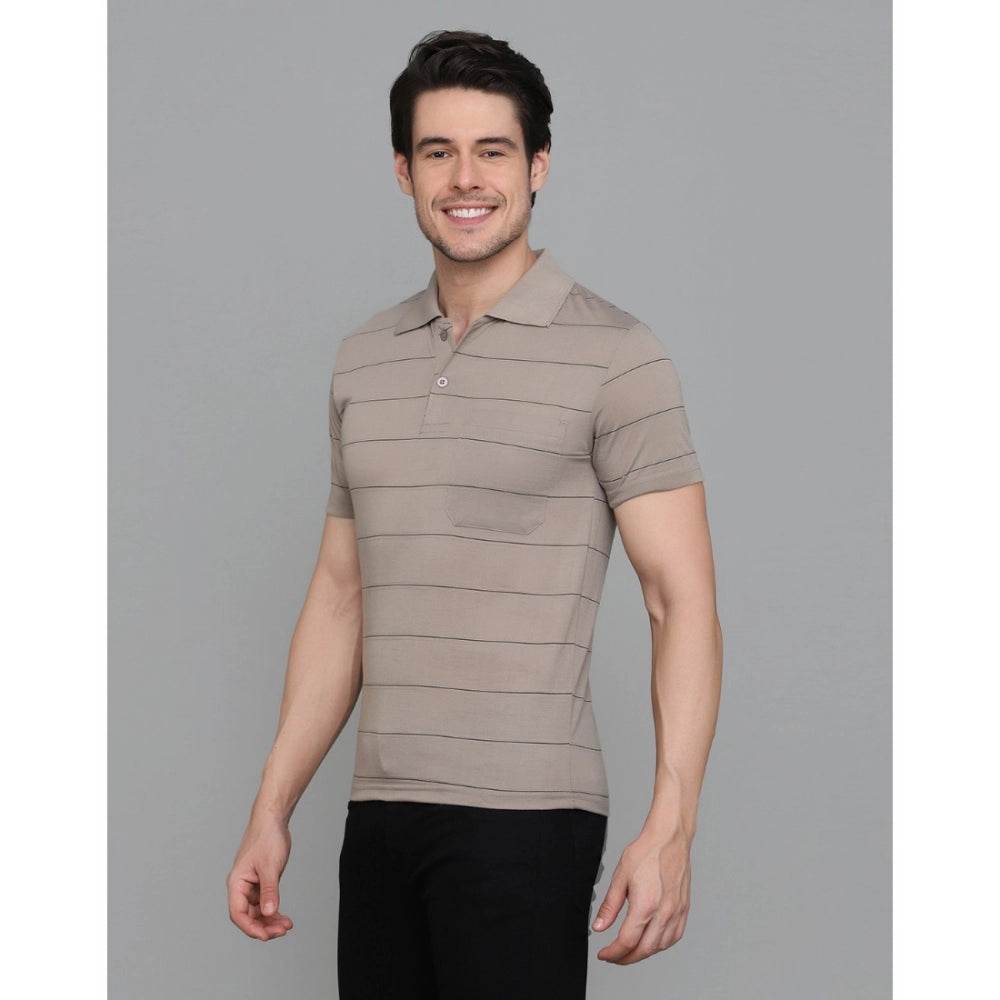 Generic Men's Casual Half Sleeve Striped Cotton Blended Polo Neck T-shirt (Beige) - MYLUXURY LANE ENTERPRISE