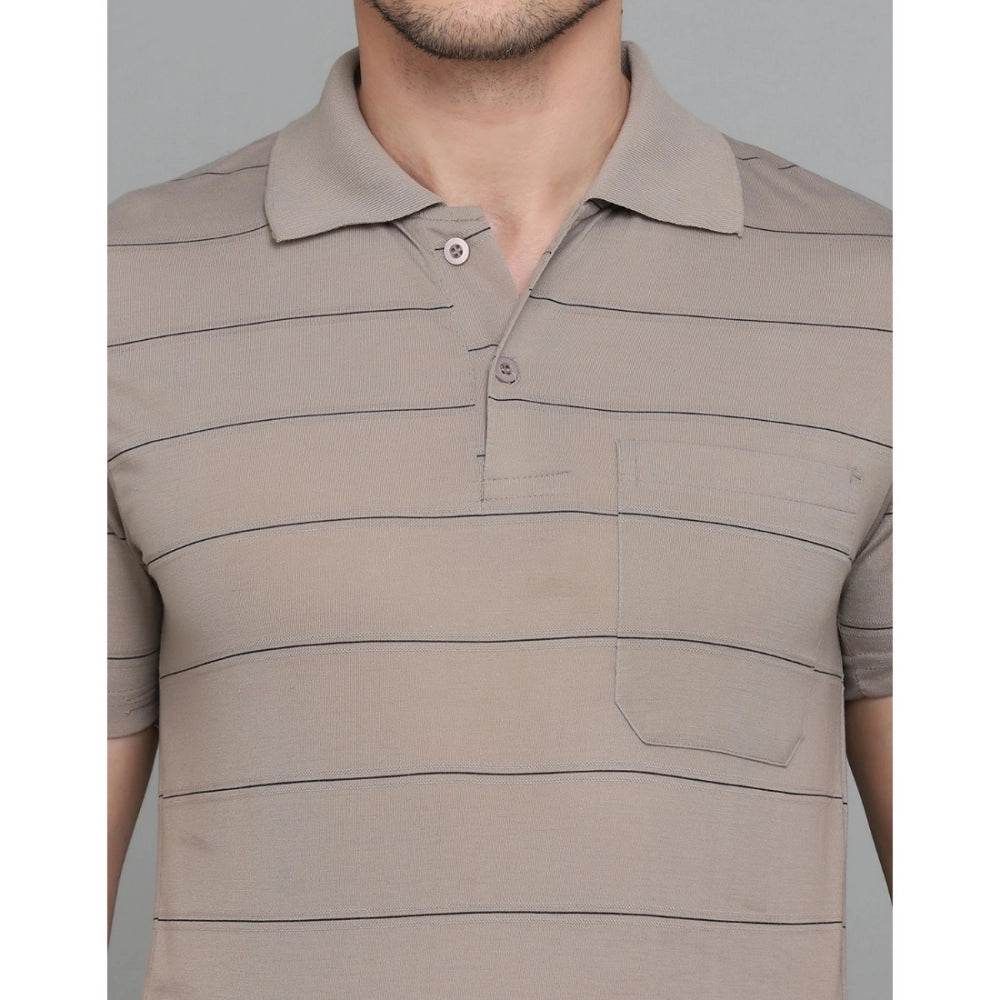 Generic Men's Casual Half Sleeve Striped Cotton Blended Polo Neck T-shirt (Beige) - MYLUXURY LANE ENTERPRISE