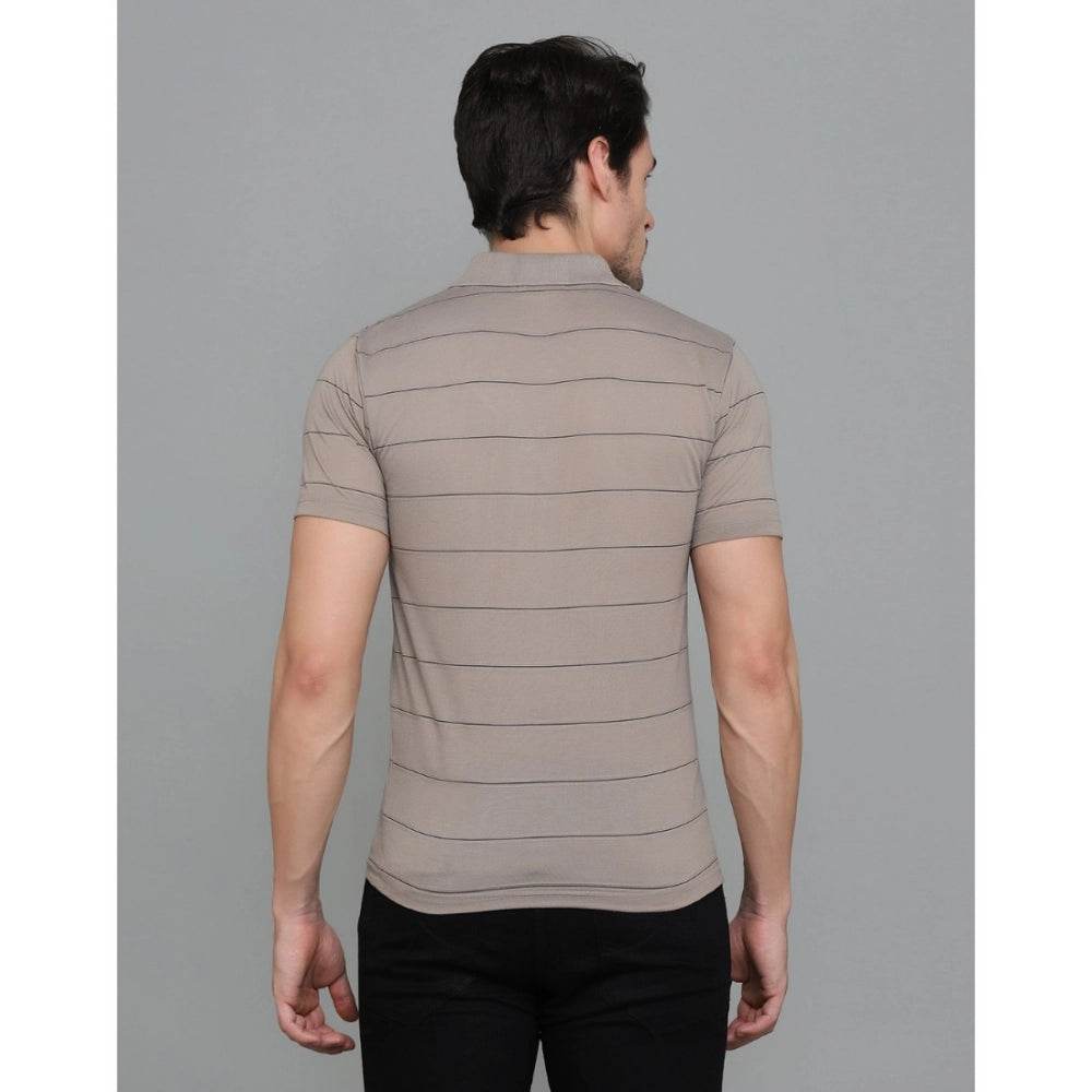 Generic Men's Casual Half Sleeve Striped Cotton Blended Polo Neck T-shirt (Beige) - MYLUXURY LANE ENTERPRISE