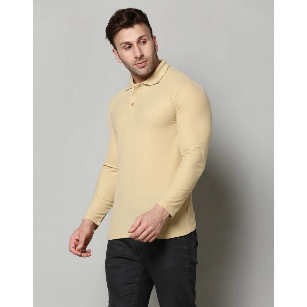 Generic Men's Casual Full Sleeve Solid Cotton Blended Polo Neck T-shirt (Beige) - MYLUXURY LANE ENTERPRISE