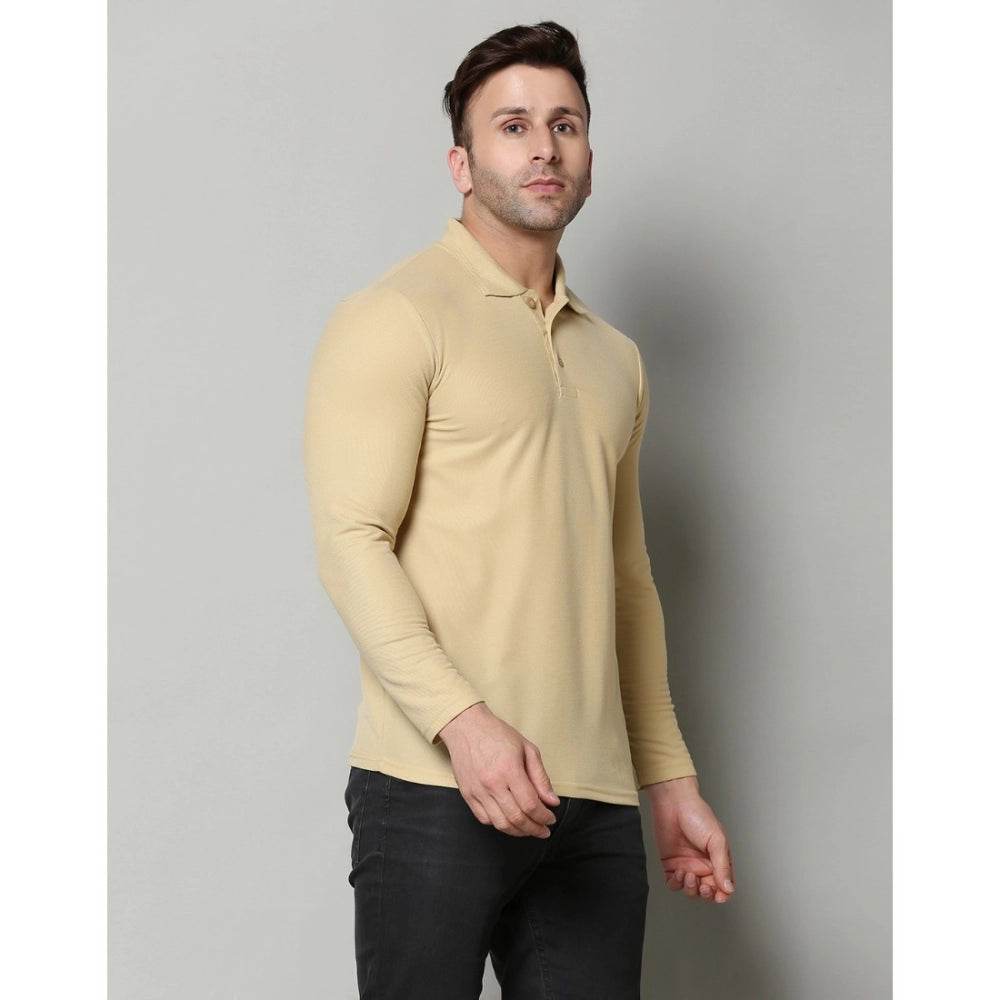Generic Men's Casual Full Sleeve Solid Cotton Blended Polo Neck T-shirt (Beige) - MYLUXURY LANE ENTERPRISE