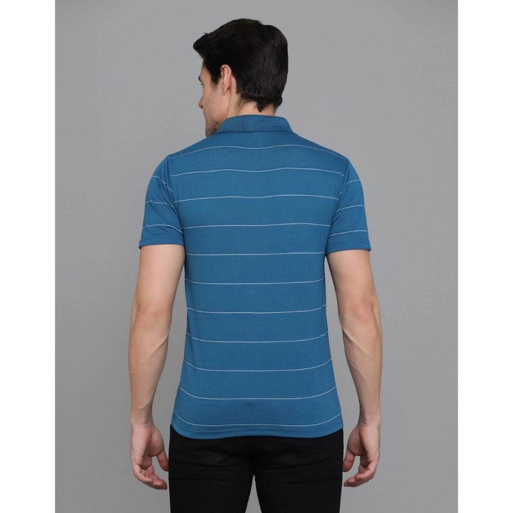 Generic Men's Casual Half Sleeve Striped Cotton Blended Polo Neck T-shirt (Teel Blue) - MYLUXURY LANE ENTERPRISE