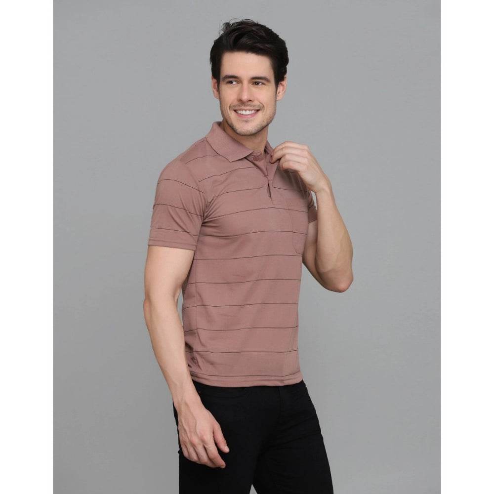 Generic Men's Casual Half Sleeve Striped Cotton Blended Polo Neck T-shirt (Pink) - MYLUXURY LANE ENTERPRISE