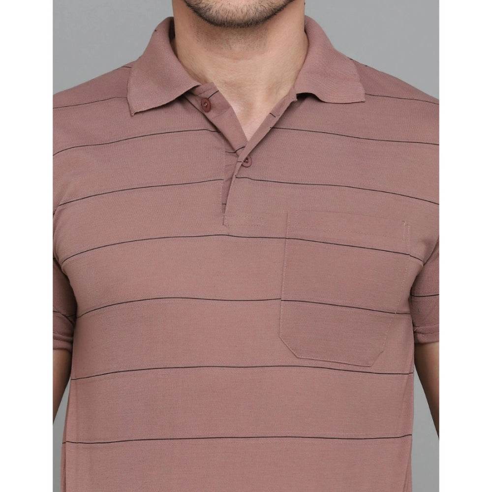 Generic Men's Casual Half Sleeve Striped Cotton Blended Polo Neck T-shirt (Pink) - MYLUXURY LANE ENTERPRISE