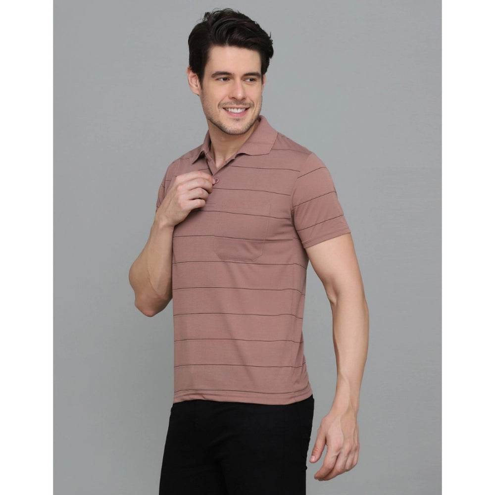 Generic Men's Casual Half Sleeve Striped Cotton Blended Polo Neck T-shirt (Pink) - MYLUXURY LANE ENTERPRISE