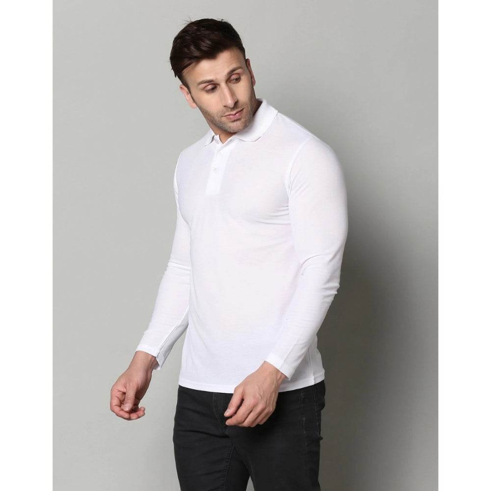 Generic Men's Casual Full Sleeve Solid Cotton Blended Polo Neck T-shirt (White) - MYLUXURY LANE ENTERPRISE