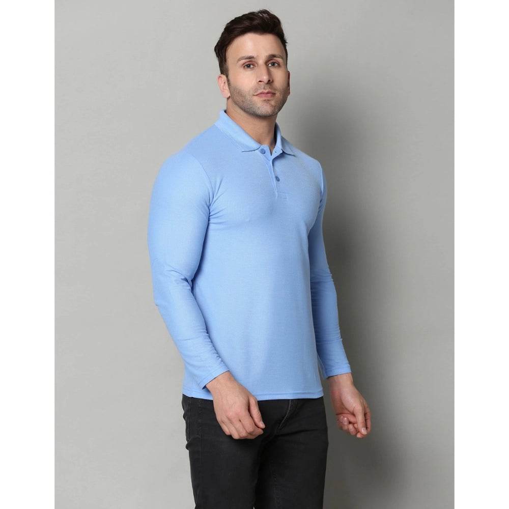 Generic Men's Casual Full Sleeve Solid Cotton Blended Polo Neck T-shirt (Sky) - MYLUXURY LANE ENTERPRISE