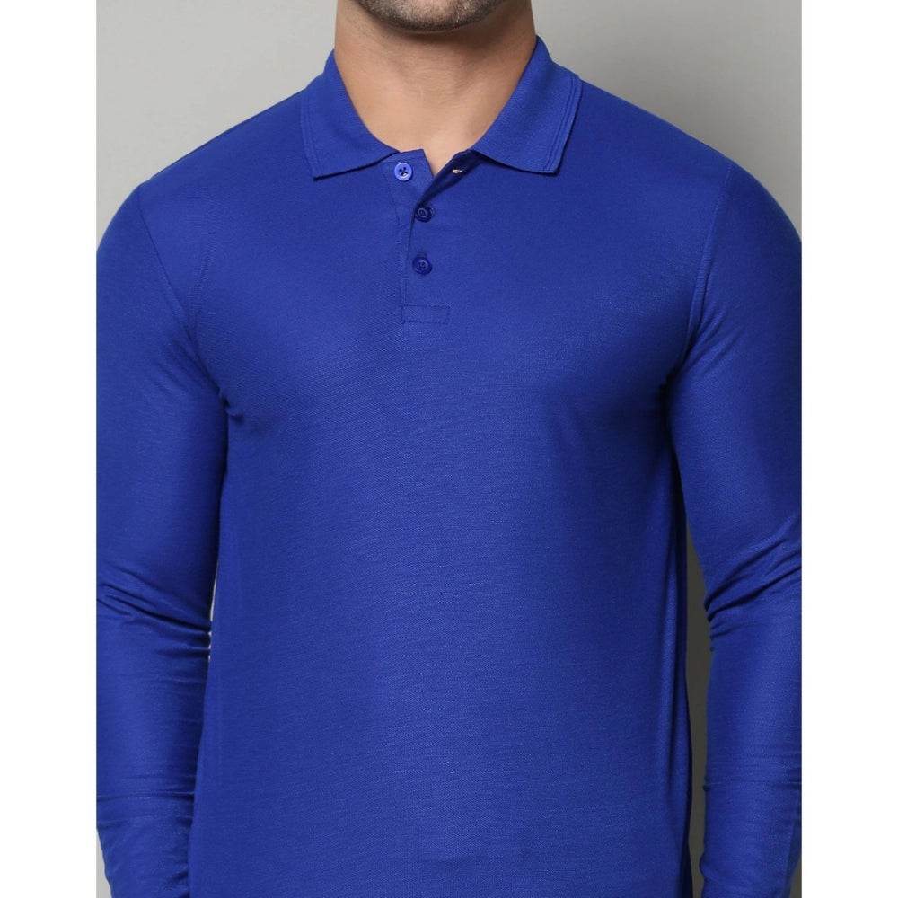 Generic Men's Casual Full Sleeve Solid Cotton Blended Polo Neck T-shirt (Royal) - MYLUXURY LANE ENTERPRISE