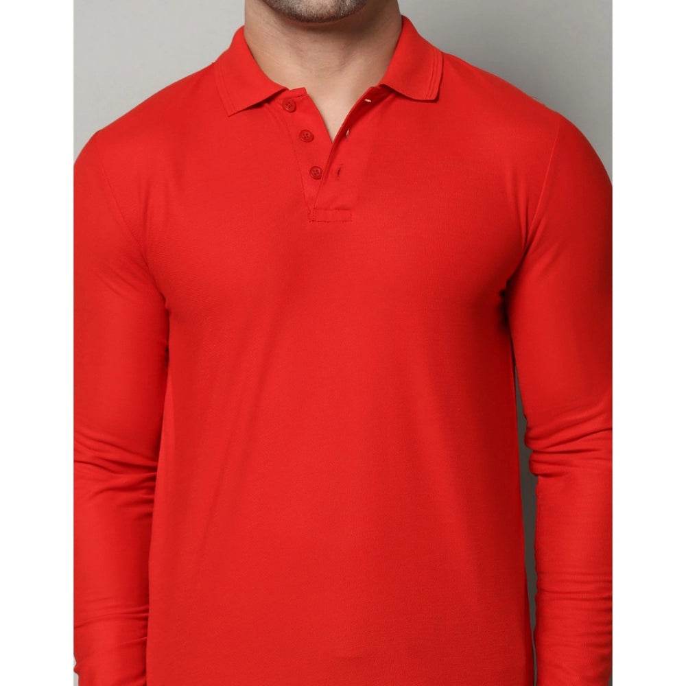 Generic Men's Casual Full Sleeve Solid Cotton Blended Polo Neck T-shirt (Red) - MYLUXURY LANE ENTERPRISE