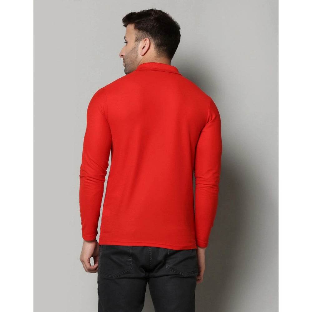 Generic Men's Casual Full Sleeve Solid Cotton Blended Polo Neck T-shirt (Red) - MYLUXURY LANE ENTERPRISE