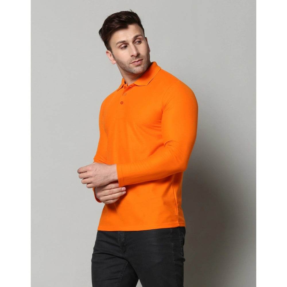 Generic Men's Casual Full Sleeve Solid Cotton Blended Polo Neck T-shirt (Orange) - MYLUXURY LANE ENTERPRISE