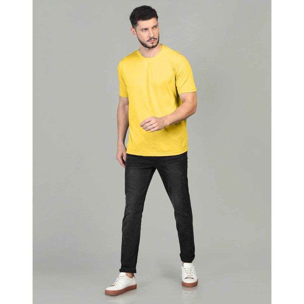 Generic Men's Casual Half Sleeve Solid Cotton Blended Round Neck T-shirt (Yellow) - MYLUXURY LANE ENTERPRISE