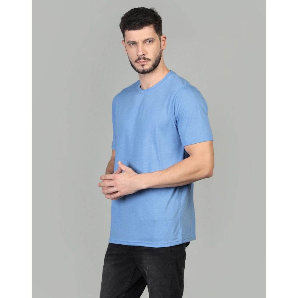 Generic Men's Casual Half Sleeve Solid Cotton Blended Round Neck T-shirt (Sky) - MYLUXURY LANE ENTERPRISE