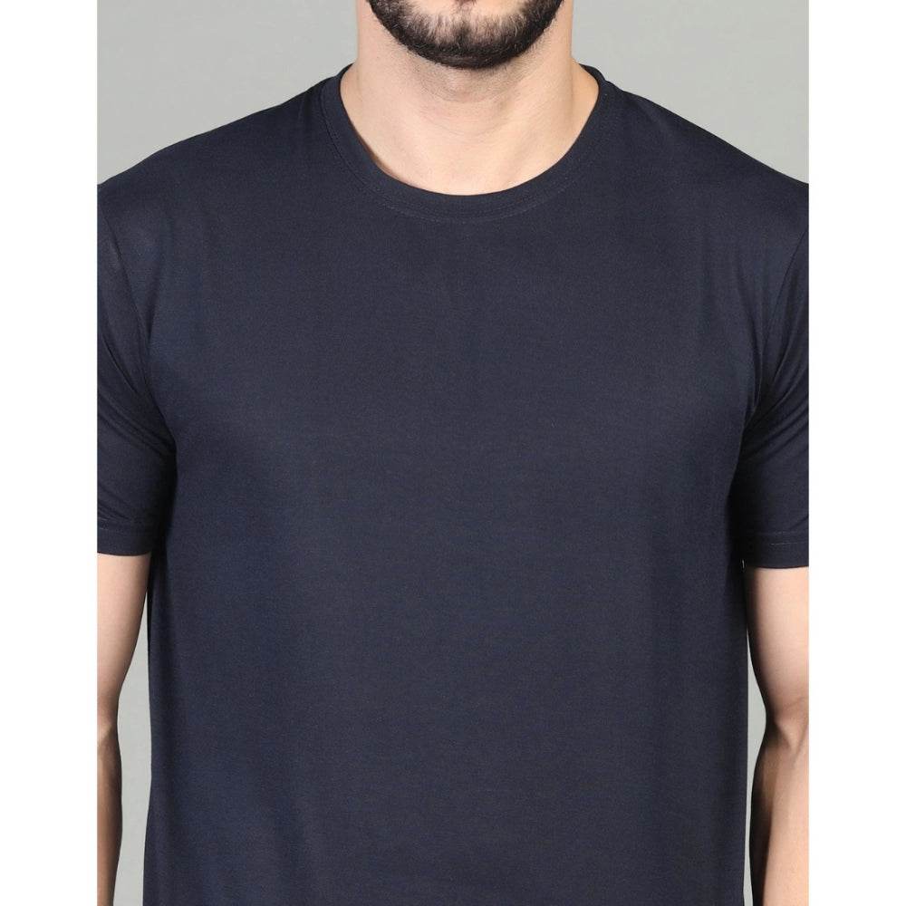 Generic Men's Casual Half Sleeve Solid Cotton Blended Round Neck T-shirt (Dark Blue) - MYLUXURY LANE ENTERPRISE