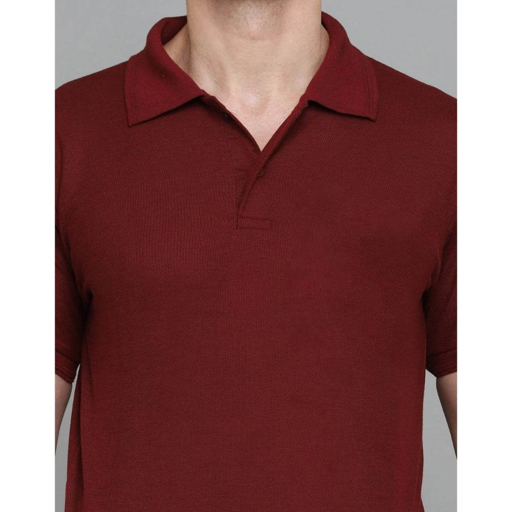 Generic Men's Casual Half Sleeve Solid Cotton Blended Polo Neck T-shirt (Maroon) - MYLUXURY LANE ENTERPRISE