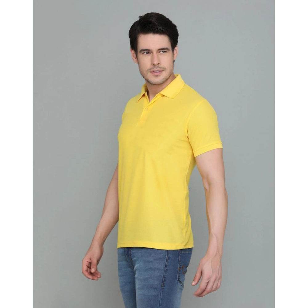Generic Men's Casual Half Sleeve Solid Cotton Blended Polo Neck T-shirt (Yellow) - MYLUXURY LANE ENTERPRISE