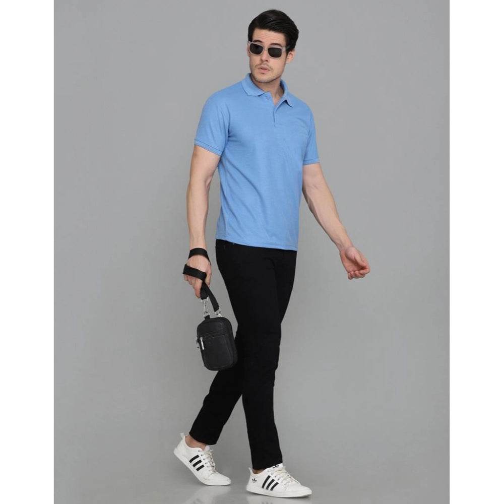 Generic Men's Casual Half Sleeve Solid Cotton Blended Polo Neck T-shirt (Blue) - MYLUXURY LANE ENTERPRISE